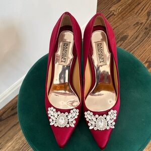 Badgley Mischka Red Satin Heels with Jewel Accents